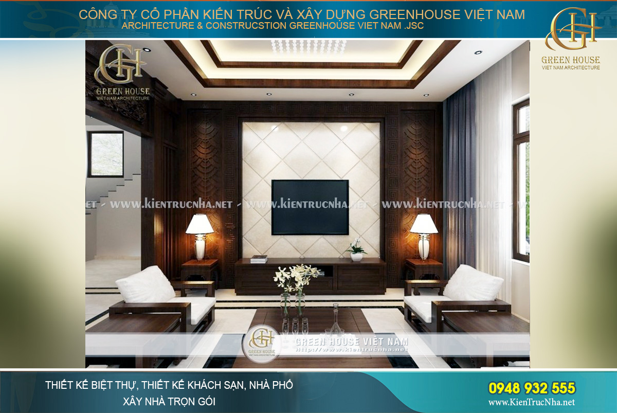 Bởi vậy các KTS GreenHouse Việt Nam đã lựa chọn phong cách thiết kế nội thất biệt thự hiện đại Á Đông cho biệt thự của gia đình chú Trực. Nó rất phù hợp với những người có chiều sâu và muốn cảm thụ những tinh hoa dân tộc ngay chính trong ngôi nhà của mình. Chất hiện đại hòa trộn trong kiến trúc biệt thự Á Đông chính là điểm sáng giúp cho công trình càng thêm hoàn hảo trong xu hướng thiết kế nội thất hiện nay. Thiết kế nội thất phòng khách của nội thất biệt thự Á Đông tại Hà Nội