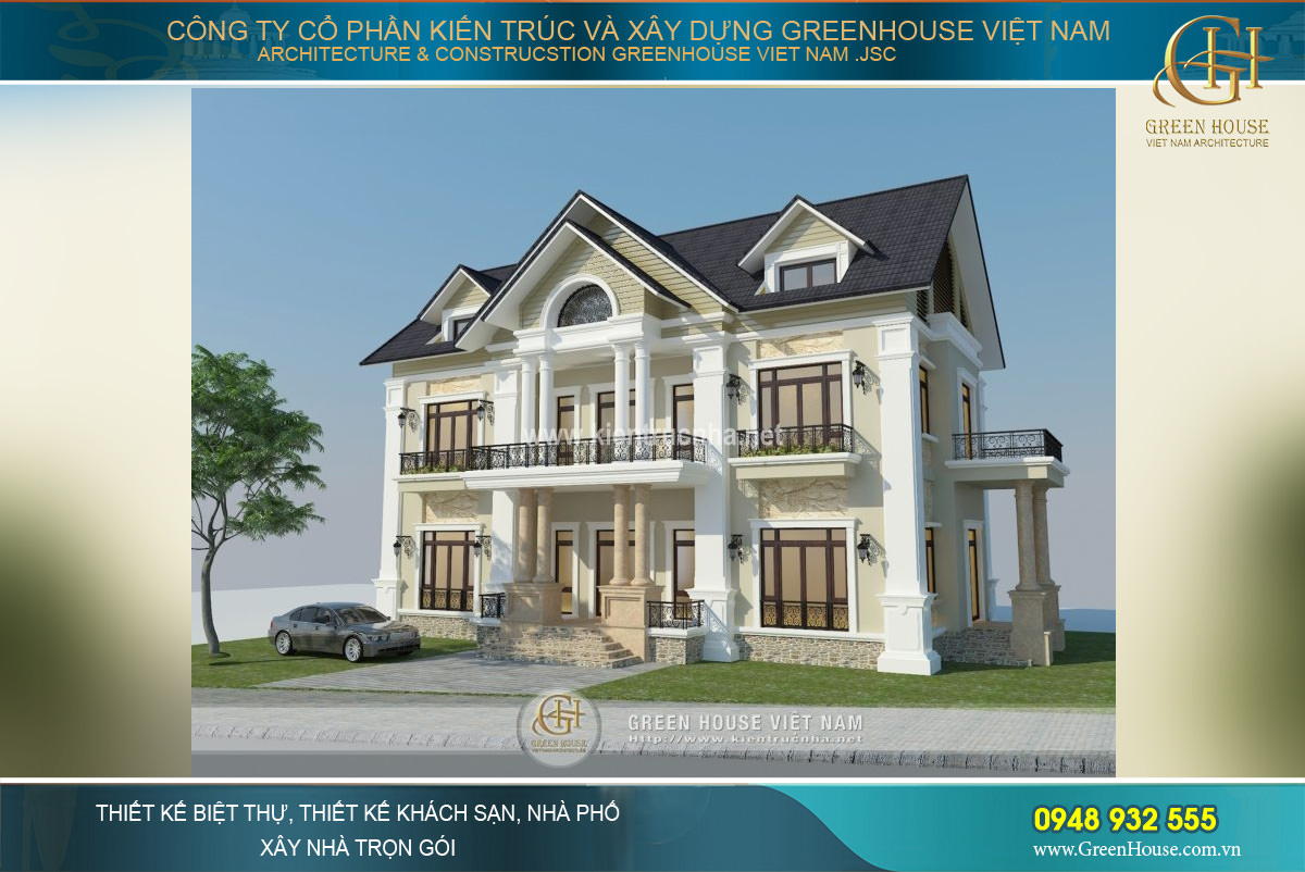 Biệt thự 3 tầng mặt tiền 15m phong cách tân cổ điển đẹp