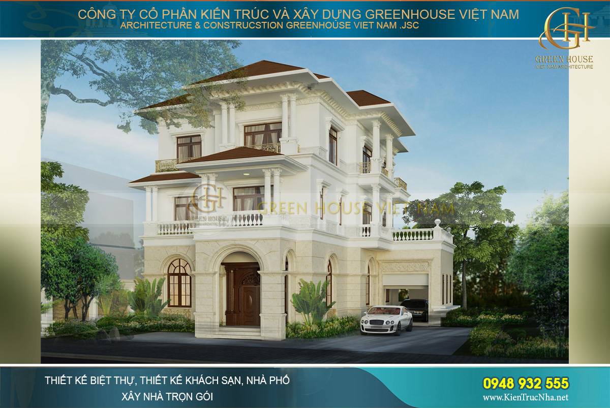 Thiết kế biệt thự tân cổ điển 3 tầng mái Thái mặt tiền 20m tại Bắc Ninh