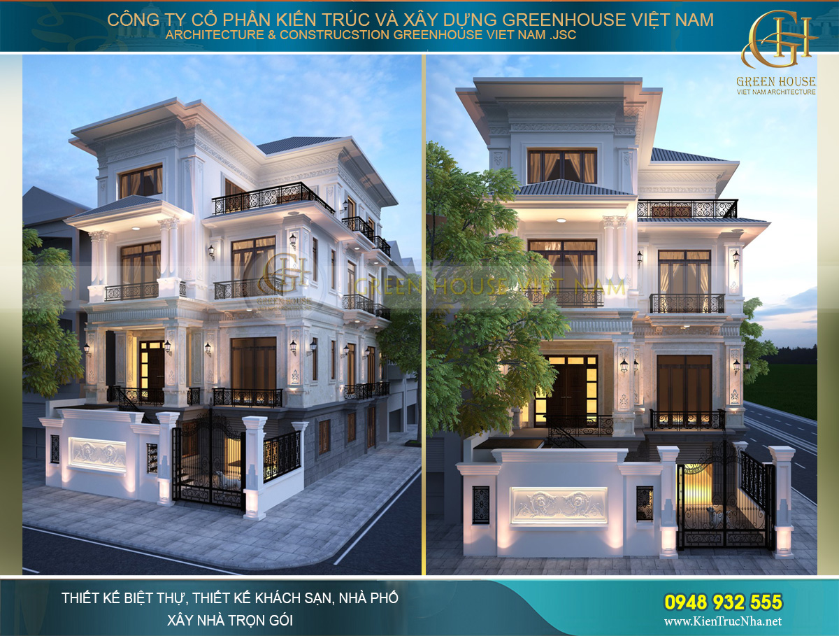 Mẫu thiết kế biệt thự tân cổ điển 4 tầng chữ L diện tích 150m2