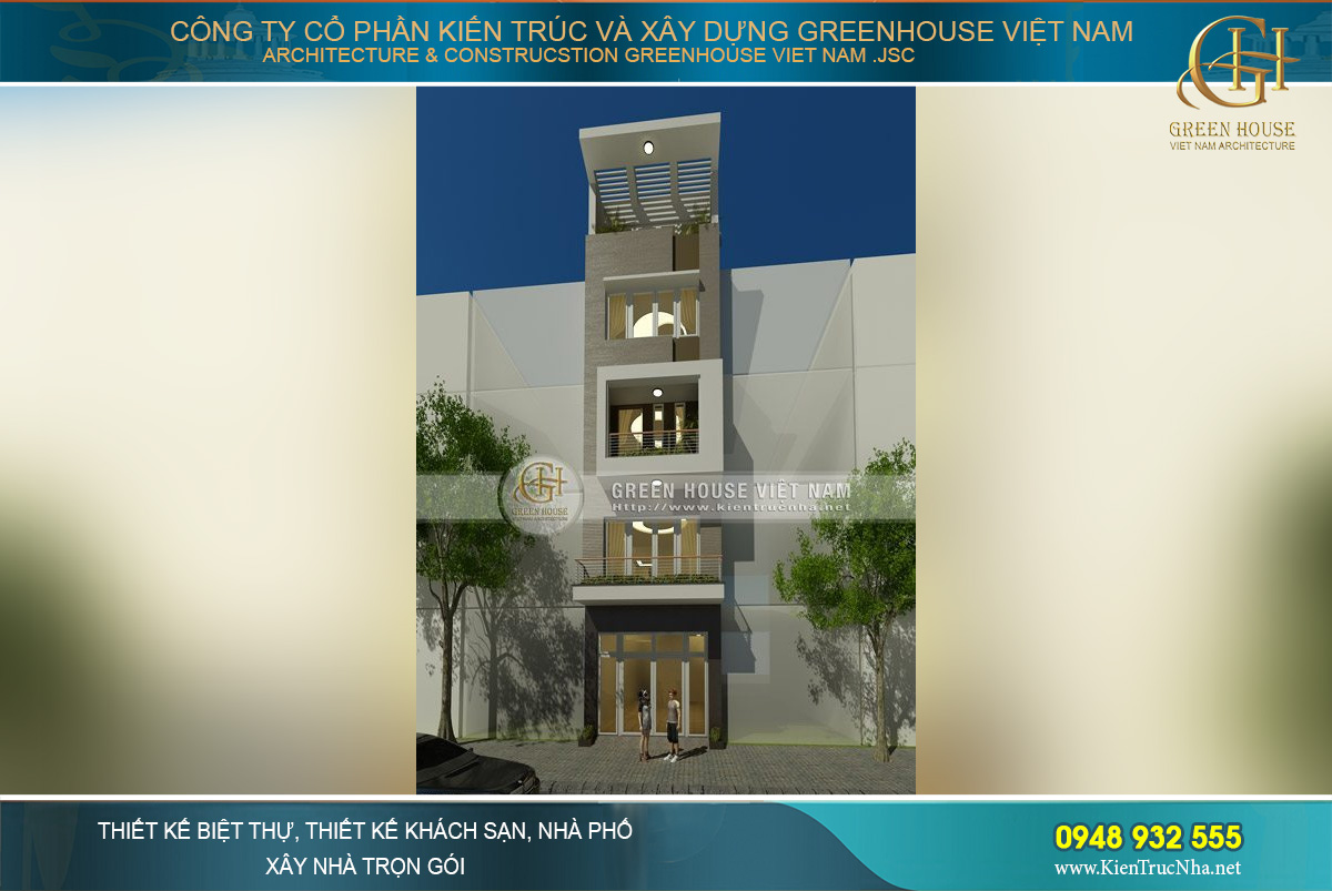Thiết kế nhà lô 5 tầng mặt tiền 4m dài 18m hiện đại và đẹp mắt