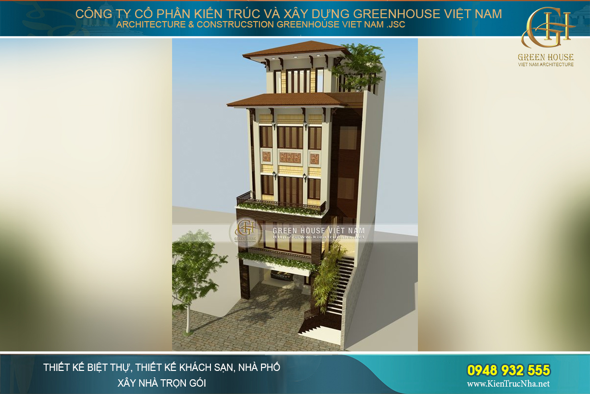 Thiết kế nhà phố phong cách kiến trúc á đông, mặt tiền 7m cao 5 tầng