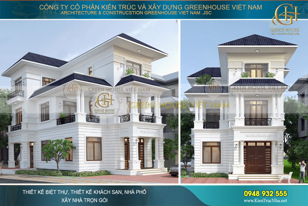 Thiết kế biệt thự tân cổ điển 3 tầng 7 phòng ngủ đẹp thanh lịch tại Hà Nội