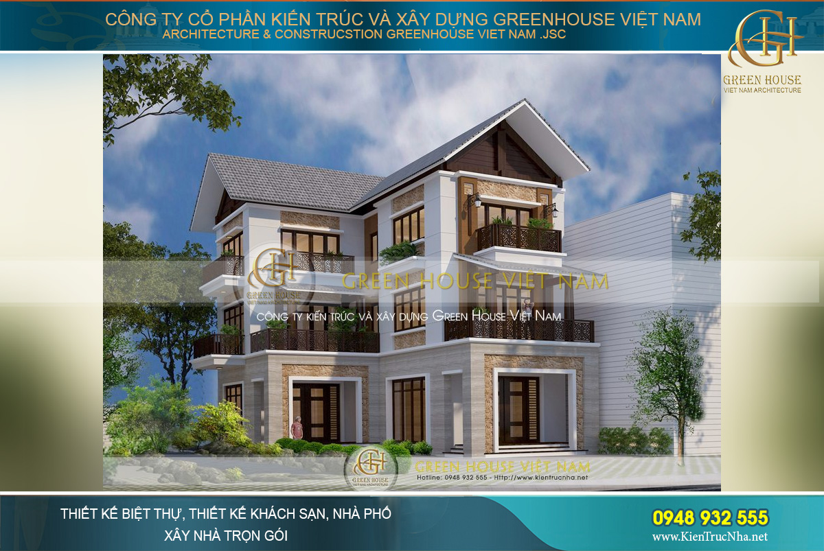 Thiết kế biệt thự 3 tầng hiện đại hình chữ L đẹp tại Bắc Giang