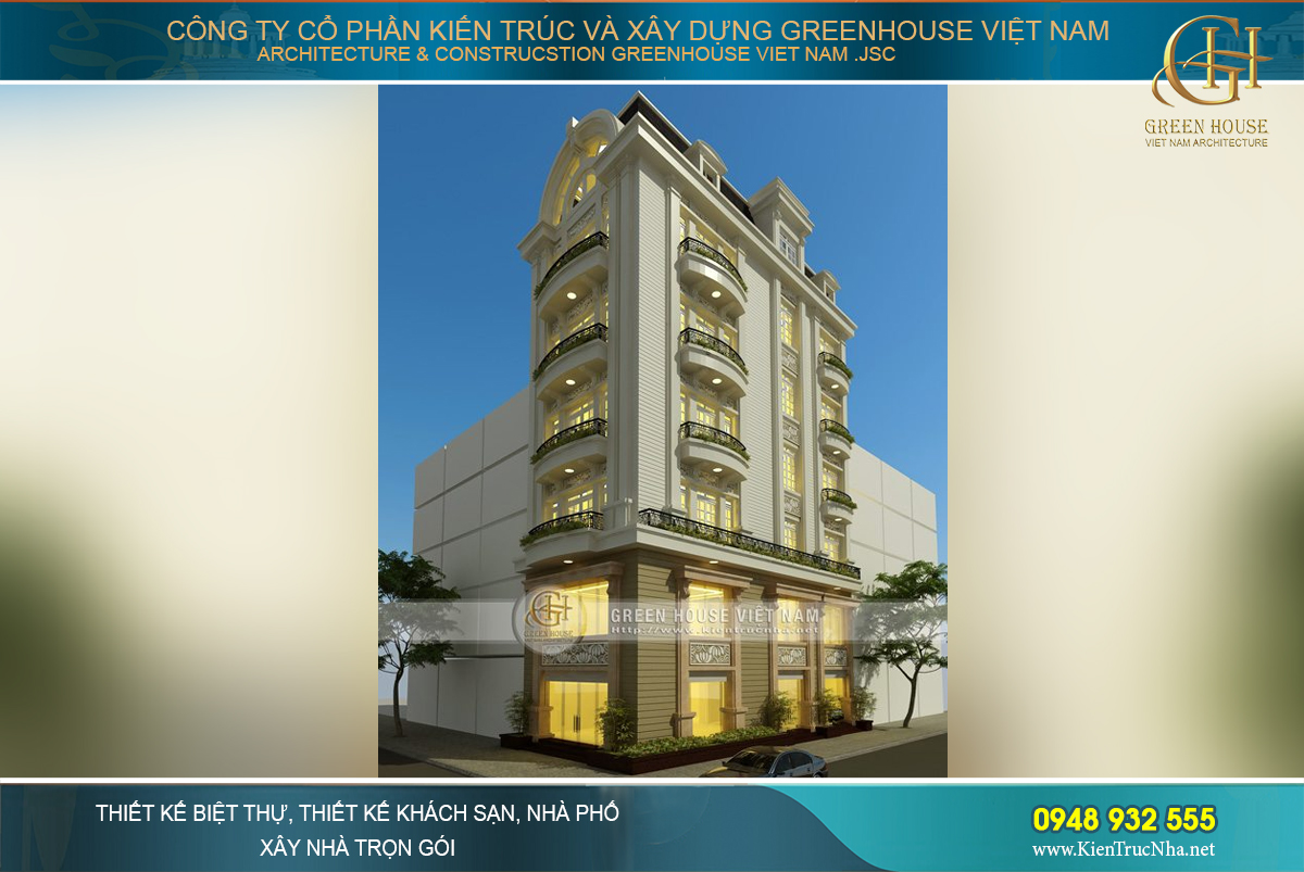 Nhà ống kết hợp kinh doanh 5 tầng 2 mặt tiền phong cách tân cổ điển