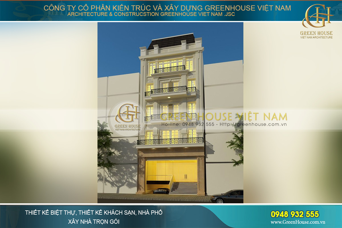 Nhà ống kinh doanh khách sạn 5 tầng mặt tiền 9m cổ điển