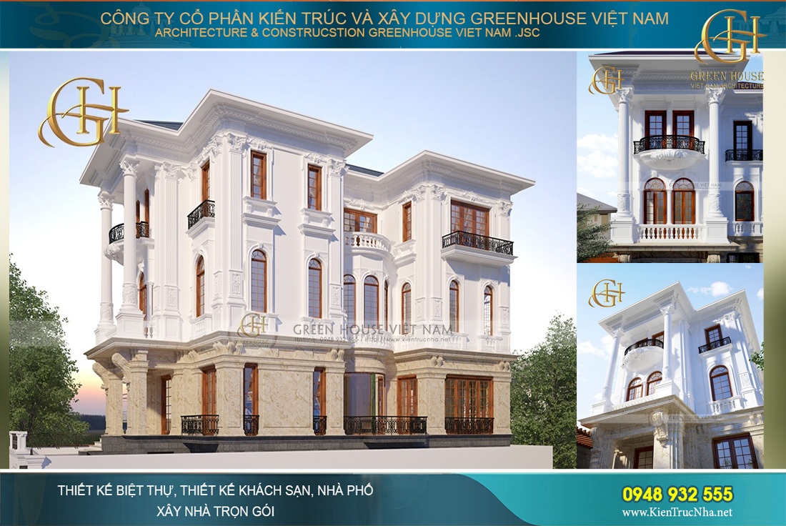 Thiết kế biệt thự tân cổ điển 1 tầng trệt, 3 tầng lầu đẹp hoàn mỹ tại Bắc Giang