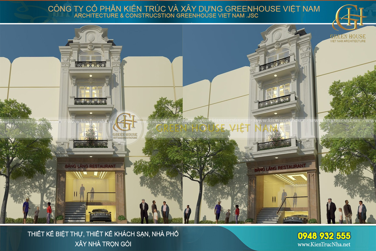 Thiết kế nhà phố 5 tầng kết hợp kinh doanh nhà hàng tân cổ điển