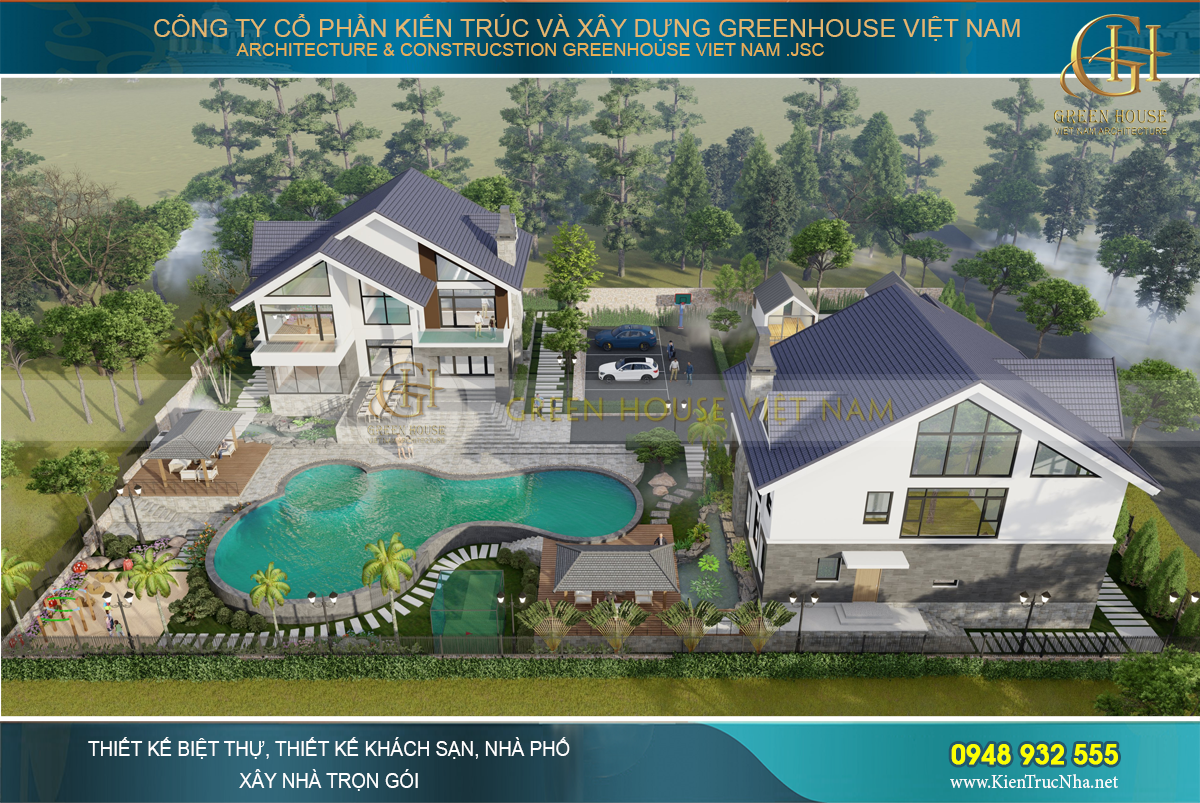 Thiết kế kiến trúc villa nghỉ dưỡng 2 tầng đẹp, sang trọng tại Sóc Sơn