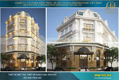 Mẫu biệt thự phố kết hợp kinh doanh 6 tầng 3 mặt tiền tân cổ điển